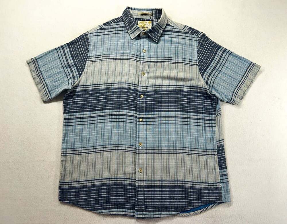 Tasso Elba Island Men's Large Blue Plaid Short Sleeve Button Down Shirt Linen